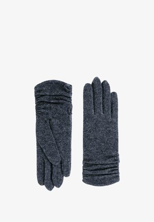 Gants gris texturés avec des détails froncés au niveau des poignets. Design en fourchettes pour les doigts, fabriqués en tissu doux et chaud.