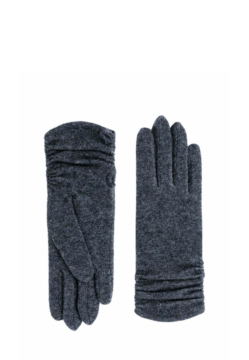 Gants gris texturés avec des détails froncés au niveau des poignets. Design en fourchettes pour les doigts, fabriqués en tissu doux et chaud.