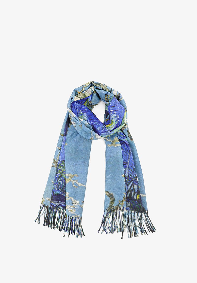 Sciarpa blu con un design floreale in tonalità di blu e verde. Rifinita con bordi frangiati, realizzata in un tessuto leggero e morbido.