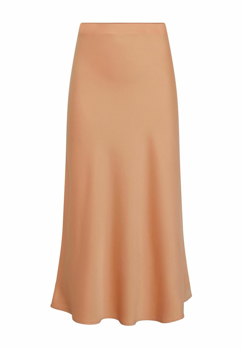 Satin midi-nederdel i en blød ferskenfarve, med en glat tekstur og A-formet silhuet med en flydende kant. Ingen synlige lukninger eller mønstre.