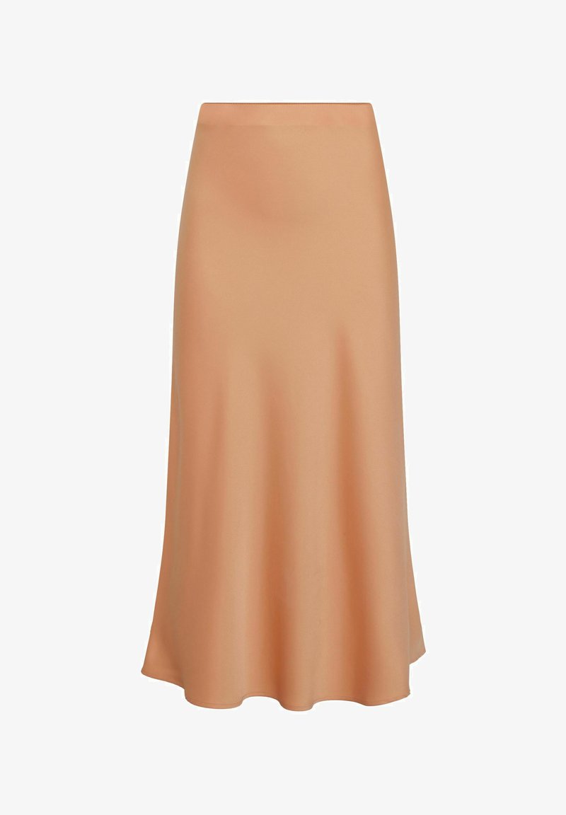 Satin midi seelik pehmes virsiku värvitoonis, millel on sile tekstuur ja A-line siluett voolava hemiga. Ilma nähtavate kinnituste või mustriteta.