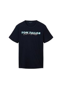 Námořnická modrá bavlněná tričko s krátkým rukávem a kulatým výstřihem, s textem "TOM TAILOR Essentials" ve světle modré a růžové barvě.