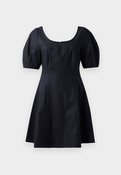 Black cotton dress with puff sleeves, scoop neckline, and fitted bodice transitioning to an A-line skirt. Solid color, smooth texture.