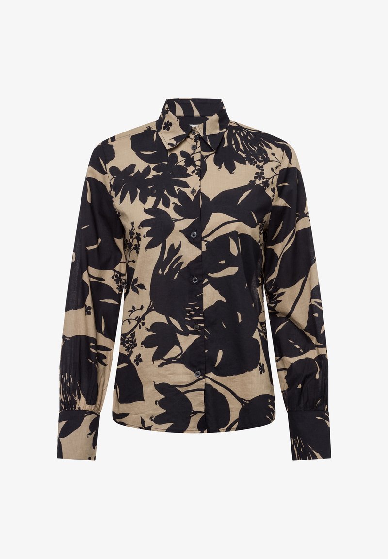 Long-sleeve shirt in beige fabric with black floral and botanical print, featuring a button-up front and classic collar.
