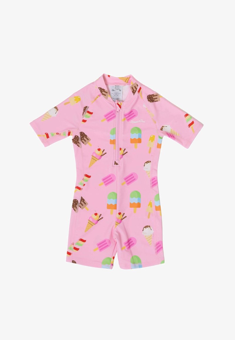 Maillot de bain rose pour enfants à manches courtes, avec fermeture éclair frontale et motifs colorés de glaces et esquimaux partout.