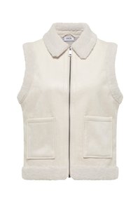 Gilet sans manches beige clair en fausse fourrure, avec un col doux, une fermeture éclair à l'avant et deux poches avant. Fini texturé et confortable.