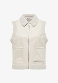 Chaleco sin mangas de color beige claro hecho de piel sintética, con un suave cuello, cierre frontal con cremallera y dos bolsillos de parche. Acabado texturizado y acogedor.