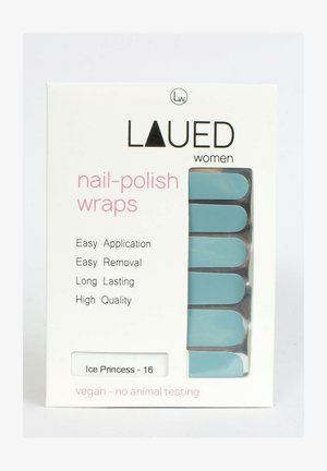 Nagellack-Folien in hellblauer Verpackung; enthält sechs blaue Folien mit abgerundeten Kanten. Text beinhaltet „Einfache Anwendung“, „Ice Princess - 16“.