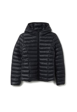 Veste matelassée noire avec capuche, dotée d'une fermeture éclair, d'un design matelassé et d'une texture lisse et brillante. Fabriquée en matériau léger et isolé.