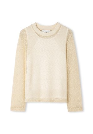 Jersey de punto de manga larga color crema con panel frontal texturizado, mangas de punto liso, escote redondo y dobladillo recto.