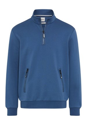Blå pullover sweatshirt med halv-zip krave, to lynlåslommer i siderne, ribbede manchetter og en glat tekstur.