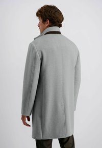 Lichtgrijze wollen jas met een bruine kraag, lange mouwen, rechte snit en zichtbare naaddetails op de achterkant. Geen sluitingen of patronen.