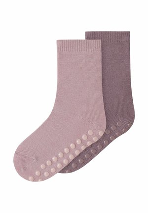 Chaussettes en coton de couleur rose clair et violet doux, avec des points d'adhérence texturés sur les semelles et des bords-côtes. Matière douce et respirante.