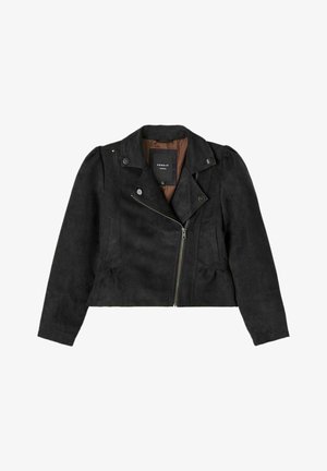Veste cropped en daim noir avec fermeture éclair, boutons-pression et poches latérales. Présente une doublure intérieure marron et des épaules rembourrées.