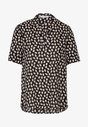 Blouse noire à manches courtes avec des taches ovales irrégulières beige, un col en V et un petit col, confectionnée dans un tissu léger.