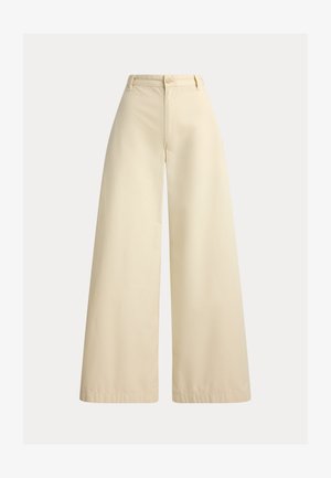 Μπεζ παντελόνια με φαρδιά πόδια από βαμβάκι, με ψηλή μέση, μπροστινό κλείσιμο με κουμπιά και κομψή ραφή κατά μήκος των άκρων.