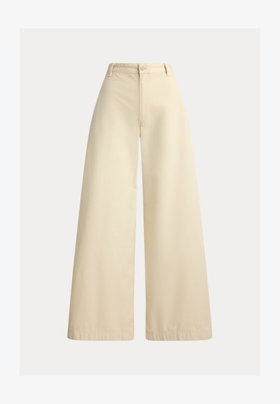 Μπεζ παντελόνια με φαρδιά πόδια από βαμβάκι, με ψηλή μέση, μπροστινό κλείσιμο με κουμπιά και κομψή ραφή κατά μήκος των άκρων.