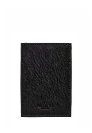 Black textured leather bi-fold wallet with subtle embossed "Hackett London" logo at the bottom center.