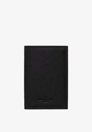 Black textured leather bi-fold wallet with subtle embossed "Hackett London" logo at the bottom center.