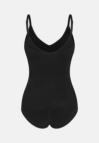 Zwart eendelige shapewear bodysuit met verstelbare schouderbanden en een diepe V-halslijn, getoond op een effen achtergrond.