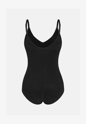 Schwarzer einteiliger Shapewear-Bodysuit mit verstellbaren Schulterträgern und tiefem V-Ausschnitt, präsentiert vor einfarbigem Hintergrund.
