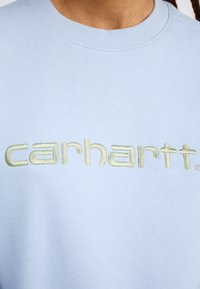 Lyseblå hettegenser laget av mykt stoff, med preget gulgrønn "carhartt"-logo på brystet og en klassisk rund hals.