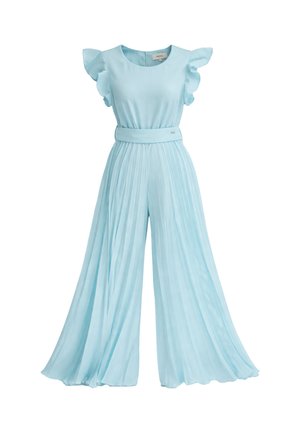Tuta a gamba larga azzurro chiaro plissettata con maniche corte arricciate e cintura abbinata in vita.