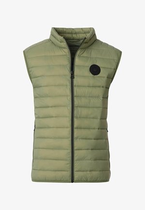 Lichte gewatteerde vest in olijfgroen, met een hoge kraag, ritssluiting en een ronde patch op de linkerborst. Horizontaal gestikt ontwerp.