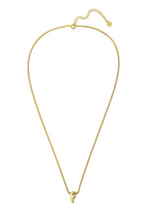 Guld farvet halskæde med en fin, linked kæde og et stiliseret bogstav "F" vedhæng. Forlænges med en kæde for justerbar længde.