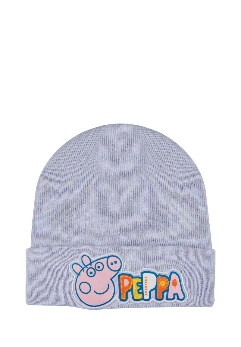 Cappello beanie lavorato a maglia di colore blu chiaro con risvolto, decorato con un grande applique in tessuto che rappresenta un maialino dei cartoni animati e il testo colorato "Peppa".