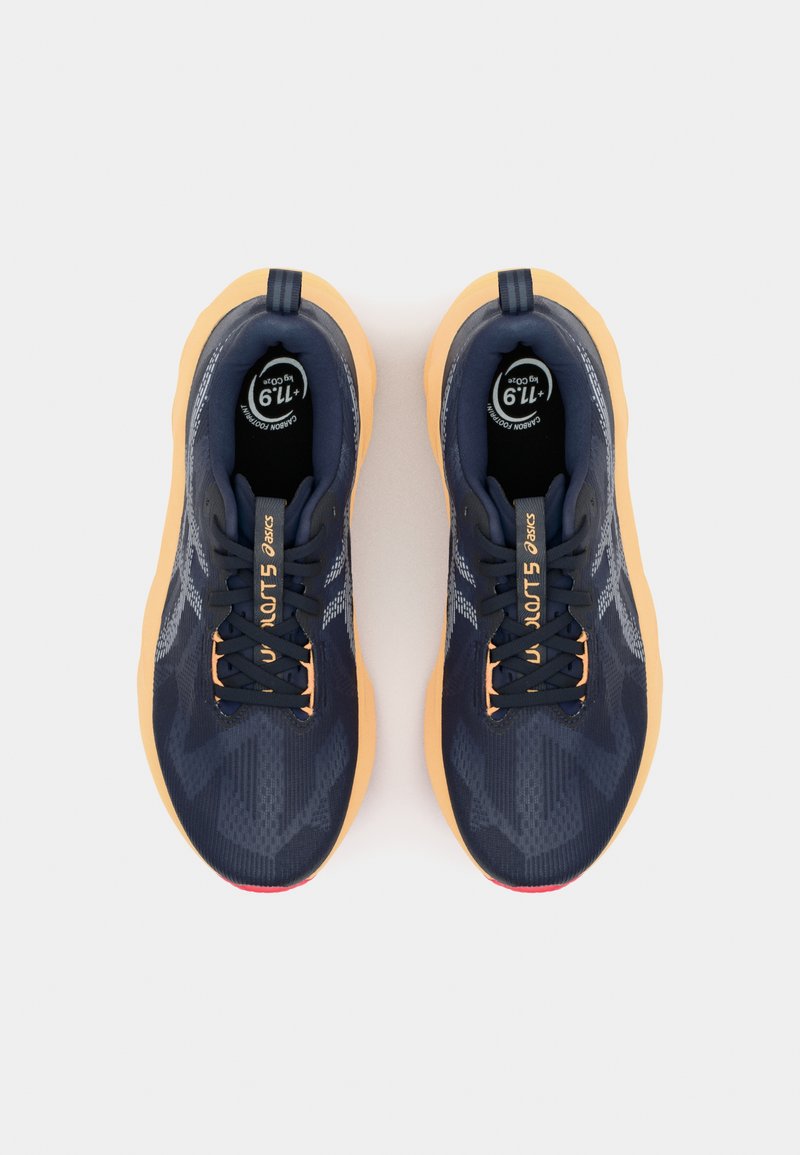 Navy running shoes with a textured upper, black laces, and orange outsole. Features branding and reflective accents on the sides.