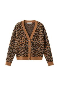 Leopard print cardigan in brown and black. Features a V-neckline, button closure, and ribbed cuffs. Made from soft fabric.