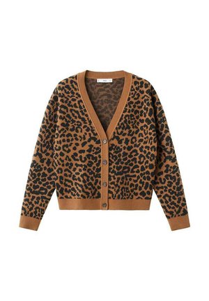 Leopard print cardigan in brown and black. Features a V-neckline, button closure, and ribbed cuffs. Made from soft fabric.