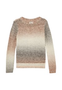 Sweter dzianinowy z okrągłym dekoltem. Posiada gradientowy schemat kolorystyczny od brązowego do beżowego. Długie rękawy i ściągacz na dole. Miękka tekstura.