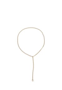 Naszyjnik na łańcuszku w odcieniu złota z prostym, delikatnym wzorem i zawieszką z łańcuszkiem. Lekki o gładkiej strukturze i regulowanej długości.