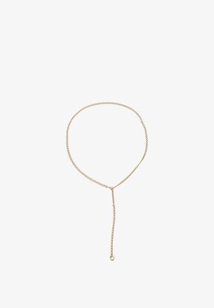 Naszyjnik na łańcuszku w odcieniu złota z prostym, delikatnym wzorem i zawieszką z łańcuszkiem. Lekki o gładkiej strukturze i regulowanej długości.