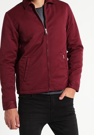 Homme portant une veste bordeaux zippée sur un t-shirt gris foncé, avec un pantalon noir, main dans la poche, sur un fond blanc.
