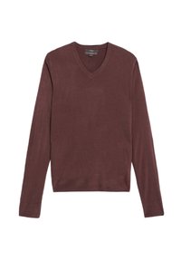 Suéter burdeos de cuello en V hecho de un suave tejido de punto, con mangas largas y un dobladillo acanalado. Textura suave con un corte clásico.