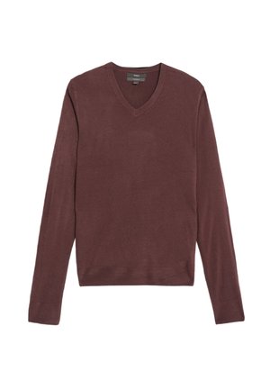 Burgunderfarbenes V-Ausschnitt-Pullover aus weichem Strickstoff, mit langen Ärmeln und geripptem Saum. Glatte Textur mit klassischer Passform.