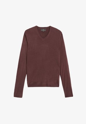 Bordowy sweter z dekoltem w serek wykonany z miękkiej dzianiny, z długimi rękawami i ściągaczem na dole. Gładka struktura z klasycznym krojem.
