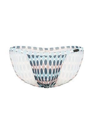 Herren-Slips aus transparentem Material mit blauem und beigem Ovalmuster, elastischem Bund und Markenetikett an der Seite.