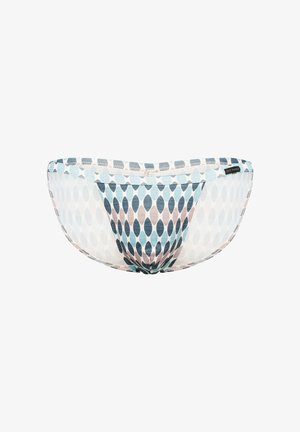 Transparante herenboxers met blauw- en beige ovale patroon, elastische tailleband en merklabel aan de zijkant.