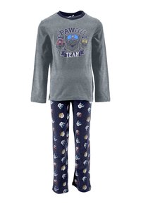 Graues Langarm-Pyjama-Oberteil mit grafischem Druck; marineblaue Hose mit bunten Hundemotiven, aus weichem Stoff gefertigt.