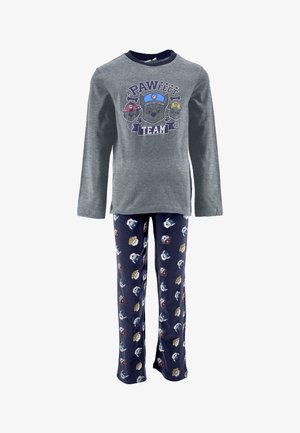 Grijze pyjama-top met lange mouwen en grafische print; marineblauwe broek met kleurrijke hondenthema-patronen, gemaakt van zachte stof.