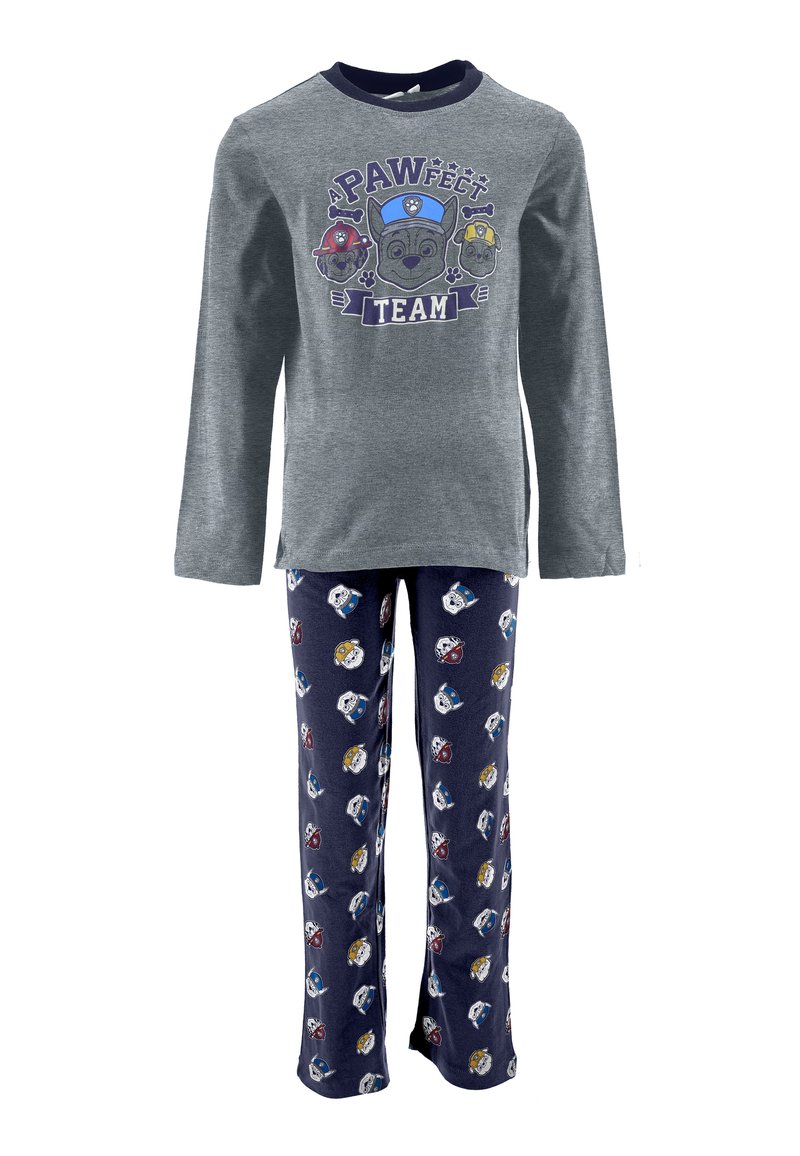 Graues Langarm-Pyjama-Oberteil mit grafischem Druck; marineblaue Hose mit bunten Hundemotiven, aus weichem Stoff gefertigt.