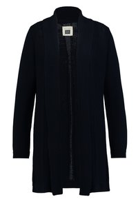 Granatowy kardigan na otwartym przodzie, wykonany z dzianiny o fakturze, z prążkowanymi akcentami i luźnym krojem oraz długimi rękawami.