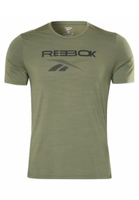 Tričko Reebok s krátkým rukávem v olivově zelené barvě vyrobené z lehkého materiálu. Na přední straně je černé logo s abstraktními designovými prvky.