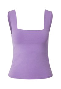 Paars getailleerd tanktop met een vierkante halslijn, brede bandjes en een gladde textuur. Geen zichtbare patronen of accenten. Simpel en klassiek ontwerp.