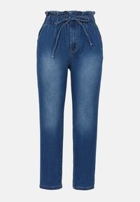 Denimbyxor med elastiskt midjeband, justerbar dragsko, ljusblå färg, rak ben-design och subtila blekningsdetaljer.