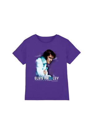 Purple T-shirt featuring a portrait of a man in a white and blue shirt holding a microphone with "Elvis Presley Thirty Fifth Anniversary" text below.